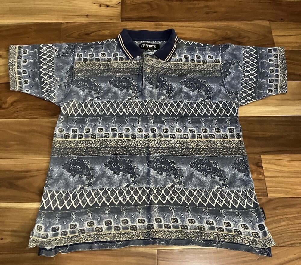 Vtg Graphite Polo Shirt Medium 90s Southwestern Geometric Tribal Cotton Moody